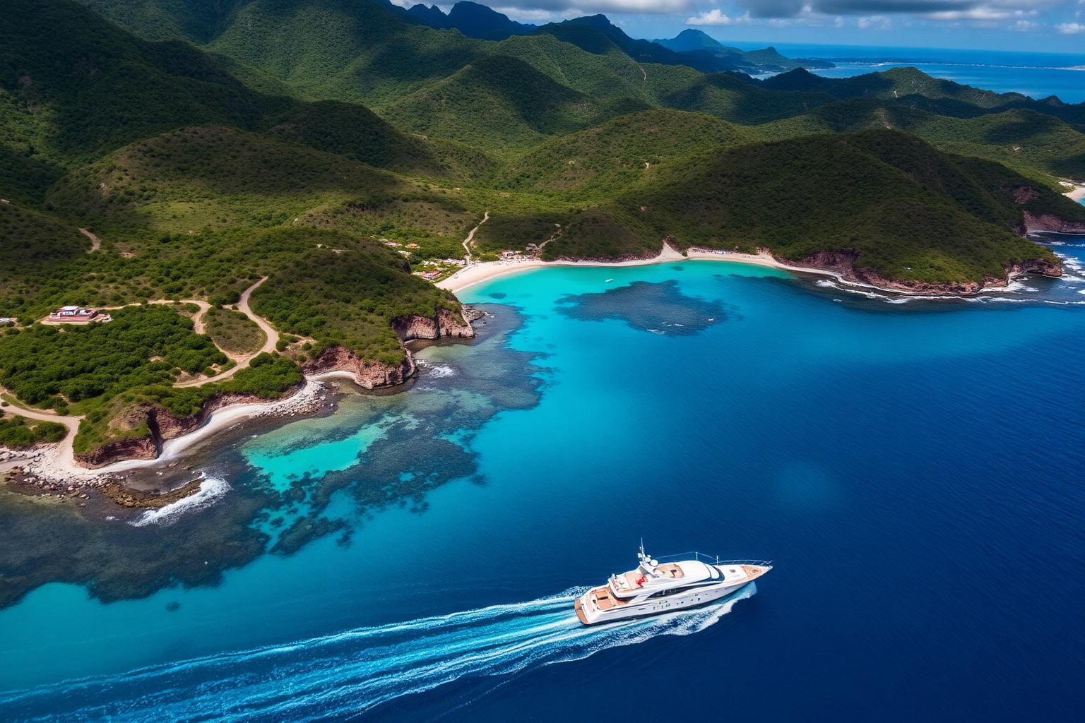 Aerial view of a yacht cruising along Banderas Bay coastline