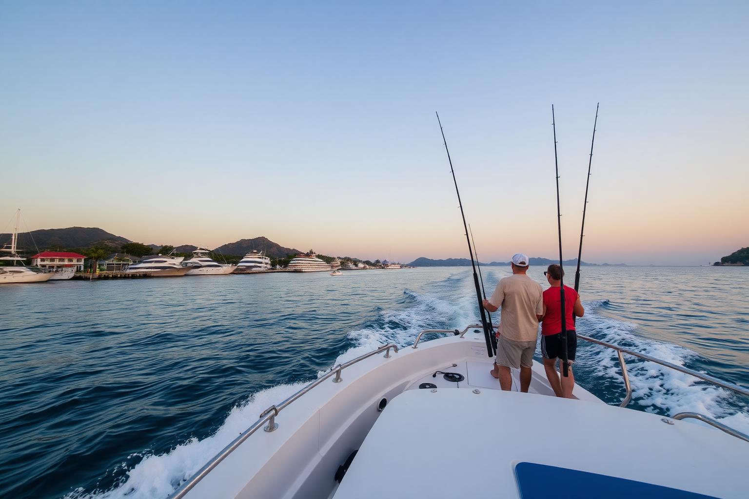 Sport fishing yacht heading out from La Cruz Marina at sunrise