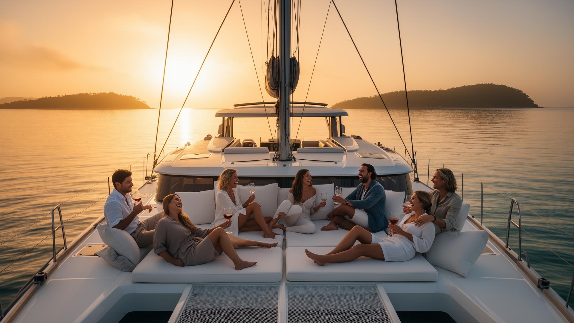 Guests enjoying a premium yacht charter at sunset
