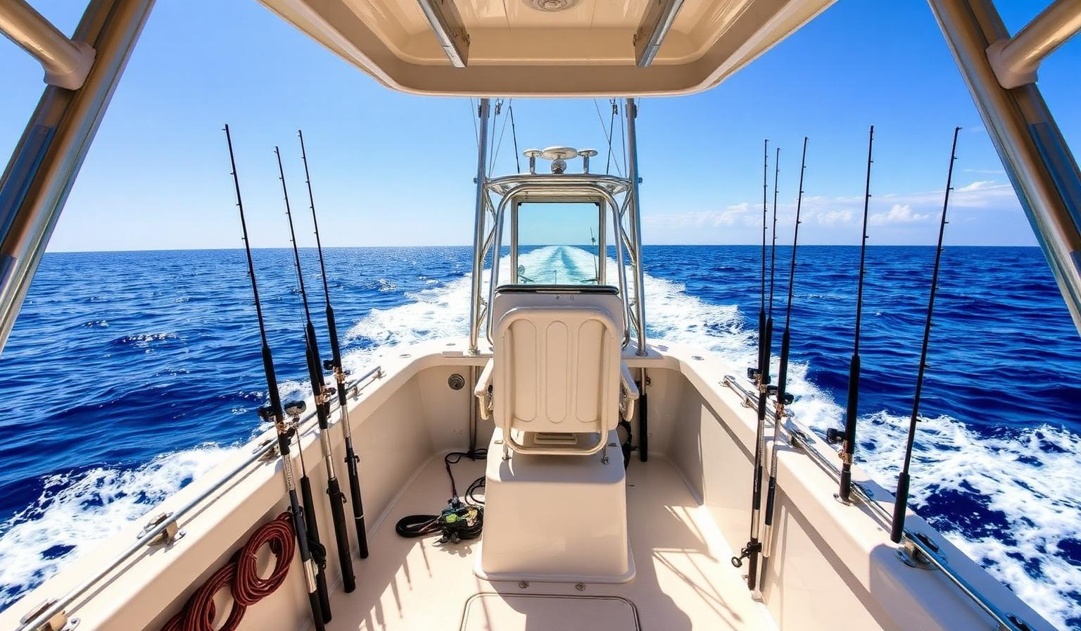 Sport fishing boat deck with rods and gear