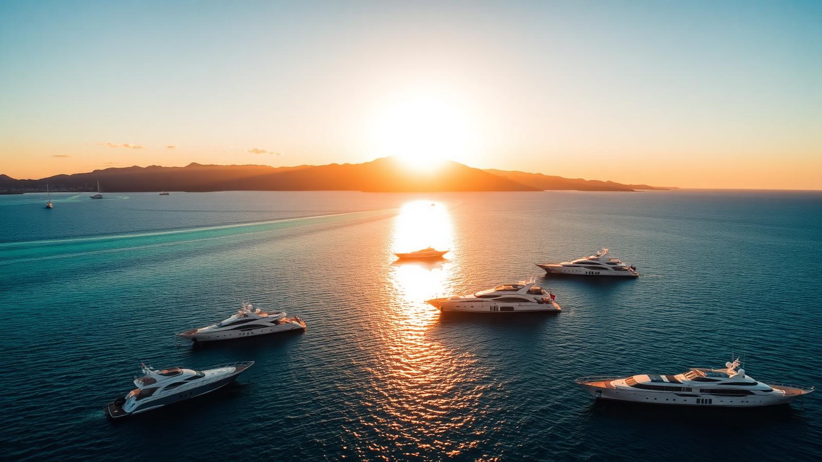 Luxury motor yacht cruising open water at golden hour